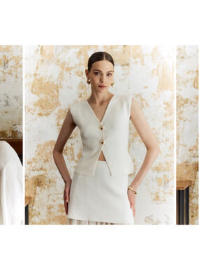 Commense Solid Button Sweater Vest Cream Knit Gold Buttons Minimalist Chic. XS